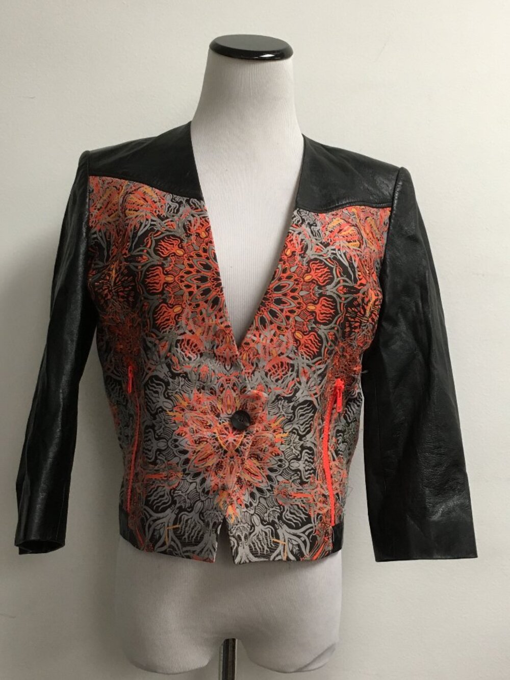 Helmut Lang black floral print leather mixed media blazer cropped boxy jacket 2